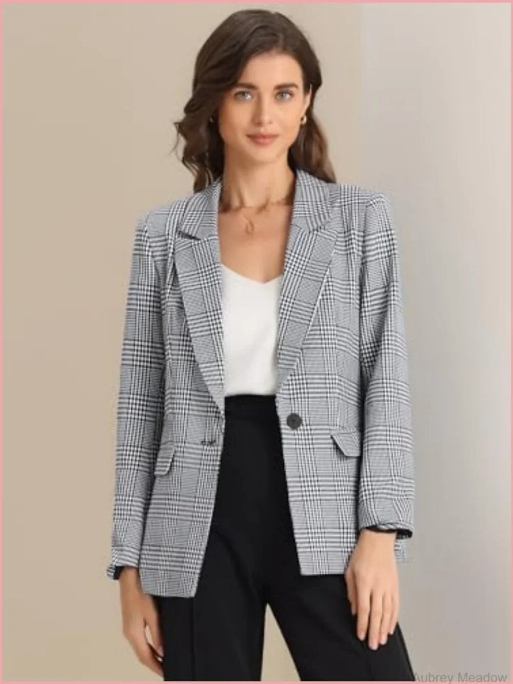 Plaid Houndstooth Blazer Long Sleeve One Button Work Blazer